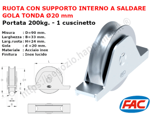 Ruota inox diametro 90x24 gola d.20 supporto interno accessori