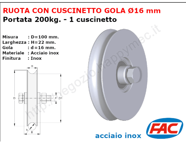 Ruota inox diametro 100x22 gola diam. 16 accessori per cancello