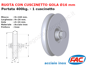 Ruota inox diametro 160x26 gola diam. 16 accessori per cancello
