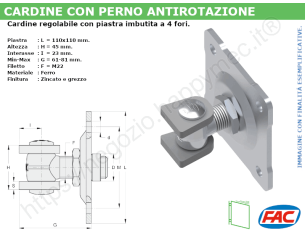 Cardine alettato M22 zinc. piastra imbutita regolabile 4 fori