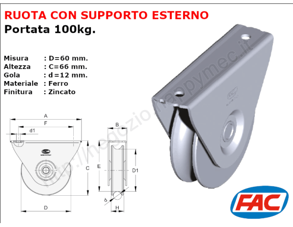 Ruota zincata diametro 60x17 gola d.12 supp.esterno accessori