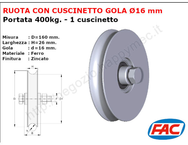 Ruota zincata diametro 160x26 gola diametro 16 mm.