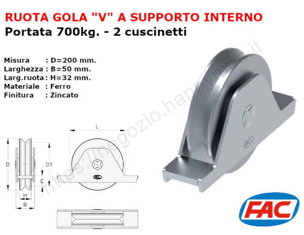 Ruota zincata diametro 200x32 gola "V" supporto interno