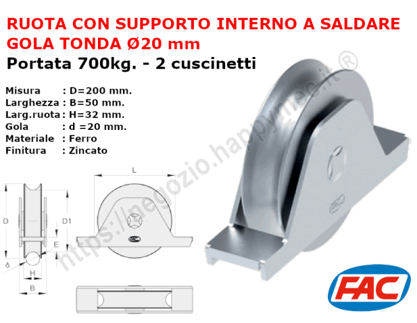 Ruota zincata diametro 200x32 gola d.20 supporto interno