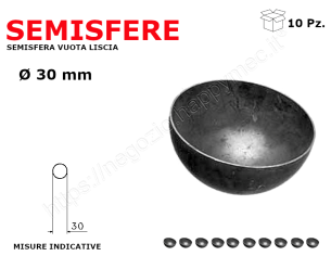 Semisfera vuota liscia diam.30mm conf 10 pz in ferro battuto