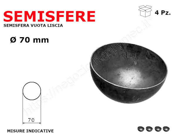 Semisfera vuota liscia diam.70mm conf 4 pz in ferro battuto