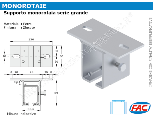 Supporto regolabile a soffitto per monorotaia grande MR-A