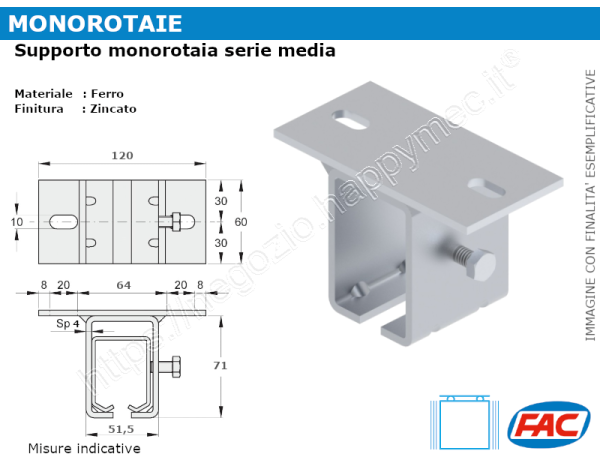 Supporto regolabile a soffitto per monorotaia media MR-B