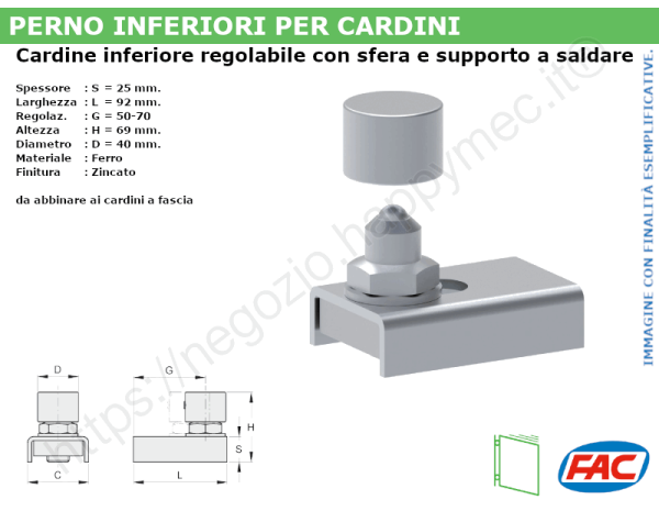 Cardine inferiore regolabile d.40 perno con sfera e supporto