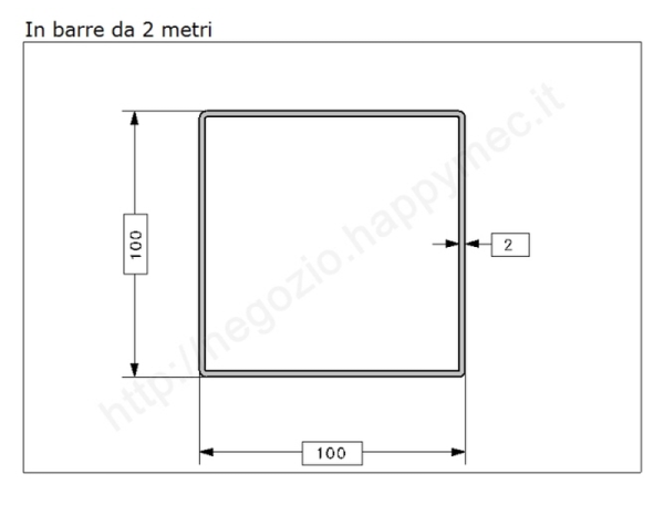 Tubo quadro grezzo 100x2 in barre da 2 metri in ferro