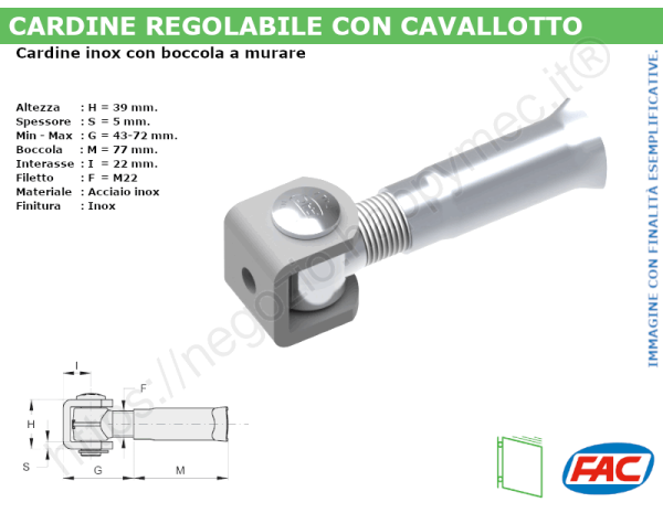 Cardine inox con cavallotto e boccola M22 a murare - accessori
