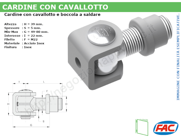 Cardine inox con cavallotto e boccola M22 a saldare - accessori