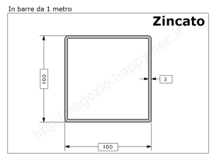 Tubo quadro zincato 100x3 in barre da 1 metro* in ferro