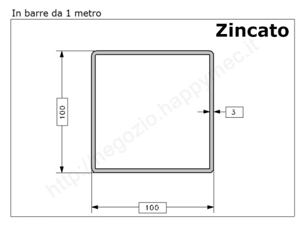 Tubo quadro zincato 100x3 in barre da 1 metro* in ferro