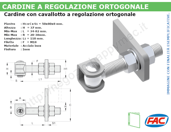 Cardine inox M18 a regolazione ortogonale con cavallotto