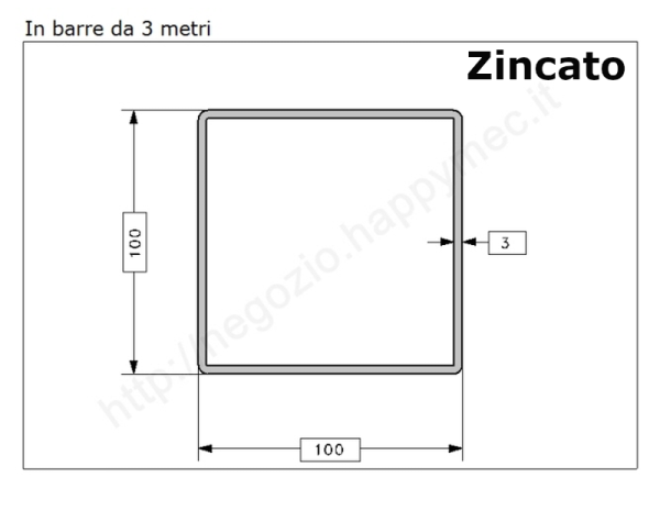 Tubo quadro zincato 100x3 in barre da 3 metri* in ferro