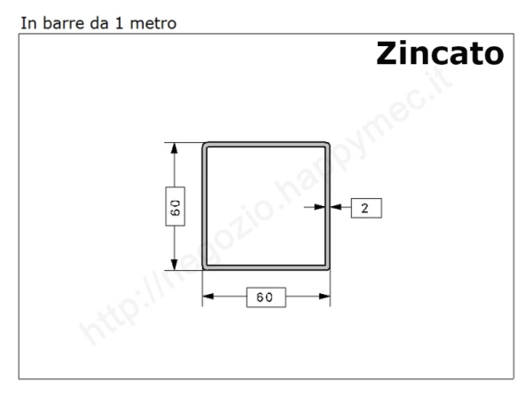 Tubo quadro zincato 60x2 in barre da 1 metro* in ferro