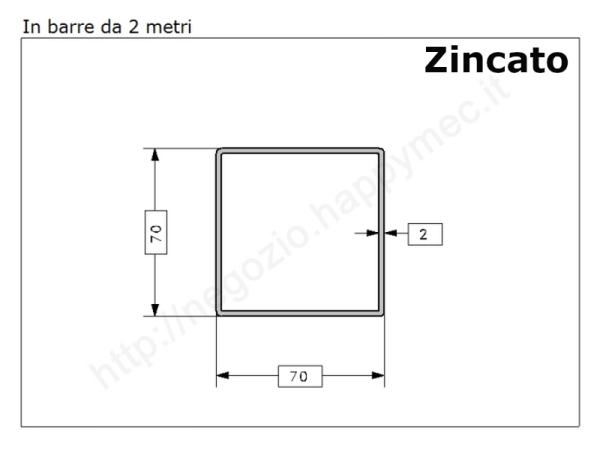 Tubo quadro zincato 70x2 in barre da 2 metri in ferro
