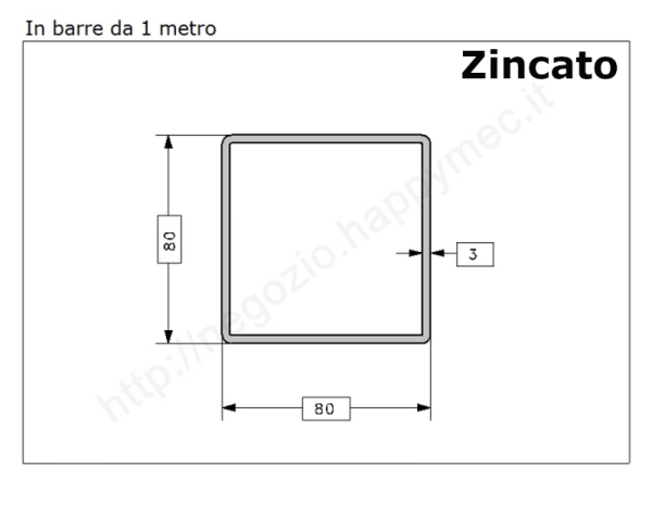 Tubo quadro zincato 80x3 in barre da 1 metro* in ferro