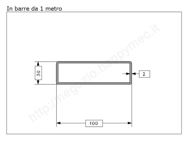 Tubo rettangolare grezzo 100x30x2 in barre da 1 metro in ferro