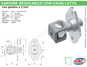 Cardine inox M22 con cavallotto e piastra di fissaggio a 2 fori