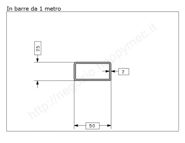 Tubo rettangolare grezzo 50x25x2 in barre da 1 metro in ferro
