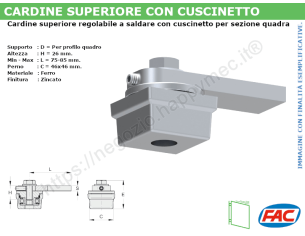 Cardine sup. c/cuscinetto, piastra 4 fori per tubo quadro 50x50