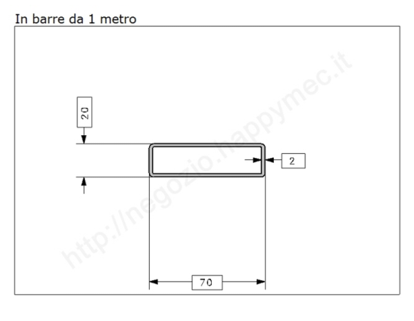 Tubo rettangolare grezzo 70x20x2 in barre da 1 metro in ferro