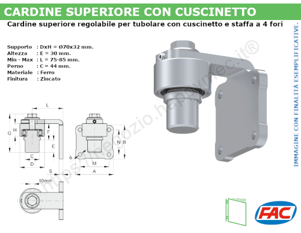 Cardine sup. d.70 c/cuscinetto, per tubo d.50x3 e piastra