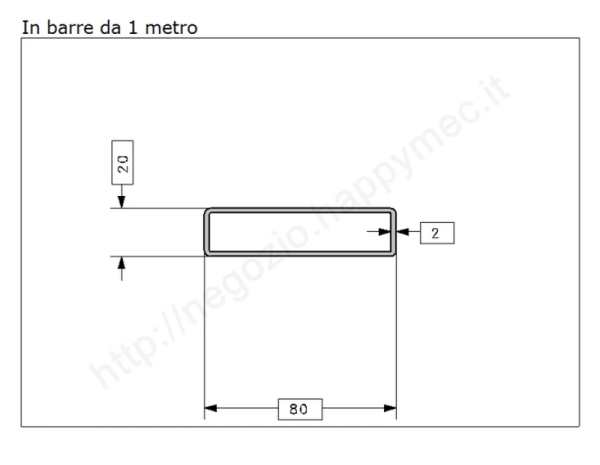 Tubo rettangolare grezzo 80x20x2 in barre da 1 metro in ferro