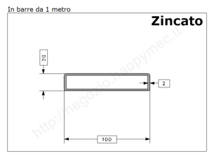 Tubo rettangolare zincato 100x20x2 in barre da 1 metro in ferro