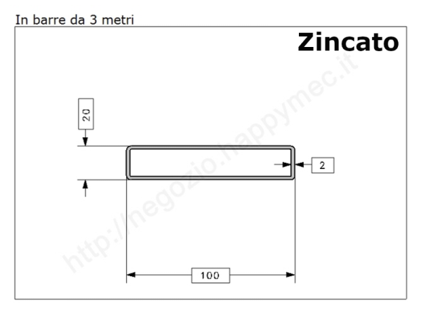 Tubo rettangolare zincato 100x20x2 in barre da 3 metri in ferro