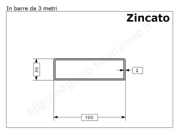 Tubo rettangolare zincato 100x30x2 in barre da 3 metri in ferro