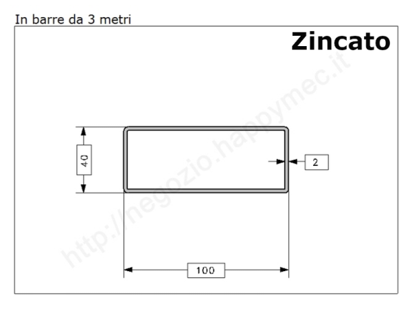 Tubo rettangolare zincato 100x40x2 in barre da 3 metri* in ferro