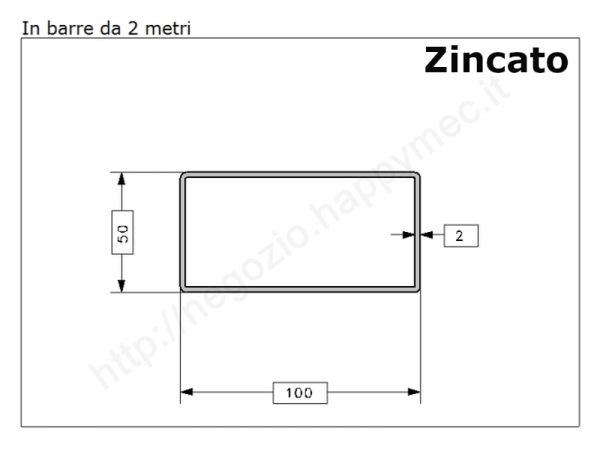 Tubo rettangolare zincato 100x50x2 in barre da 2 metri* in ferro