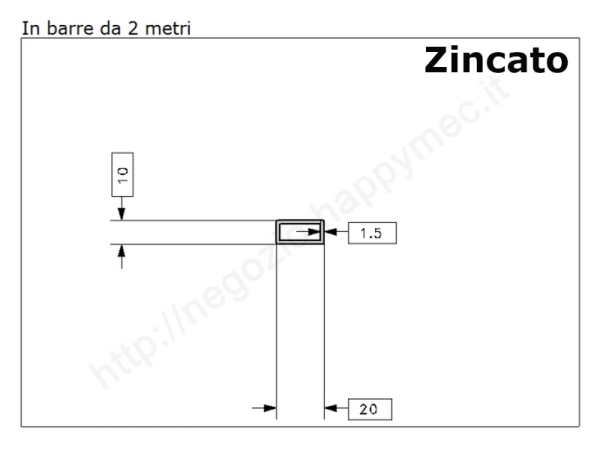 Tubo rettangolare zincato 20x10x1,5 in barre da 2 metri in ferro