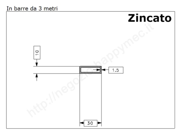 Tubo rettangolare zincato 30x10x1,5 in barre da 3 metri in ferro
