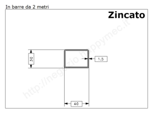 Tubo rettangolare zincato 40x30x1,5 in barre da 2 metri