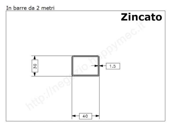 Tubo rettangolare zincato 40x30x1,5 in barre da 2 metri