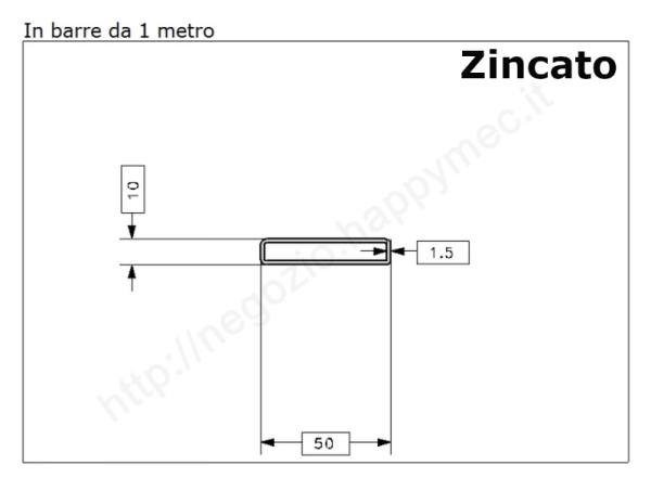 Tubo rettangolare zincato 50x10x1,5 in barre da 1 metro in ferro