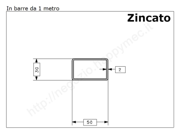 Tubo rettangolare zincato 50x30x2 in barre da 1 metro* in ferro