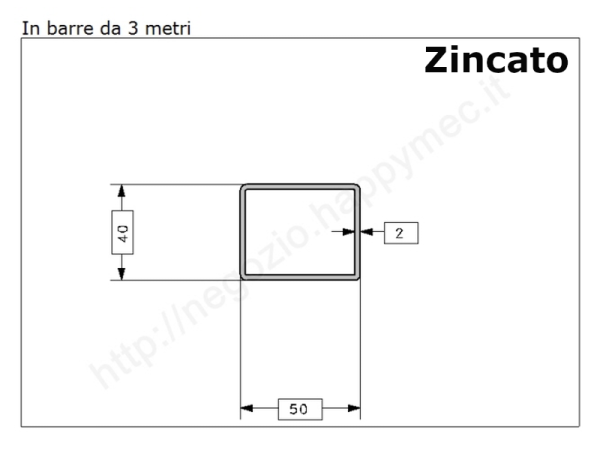 Tubo rettangolare zincato 50x40x2 in barre da 3 metri in ferro