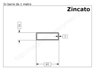 Tubo rettangolare zincato 60x20x2 in barre da 1 metro in ferro