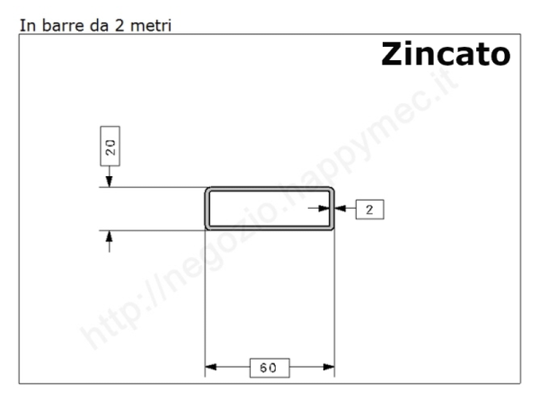 Tubo rettangolare zincato 60x20x2 in barre da 2 metri in ferro