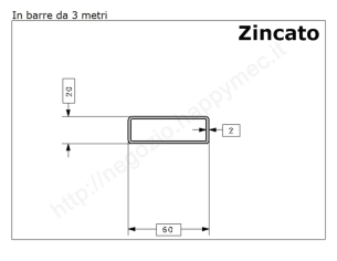 Tubo rettangolare zincato 60x20x2 in barre da 3 metri in ferro