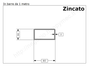 Tubo rettangolare zincato 60x30x2 in barre da 1 metro* in ferro