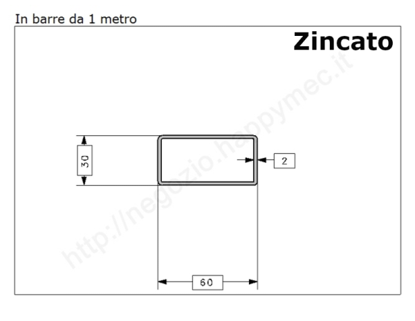 Tubo rettangolare zincato 60x30x2 in barre da 1 metro* in ferro