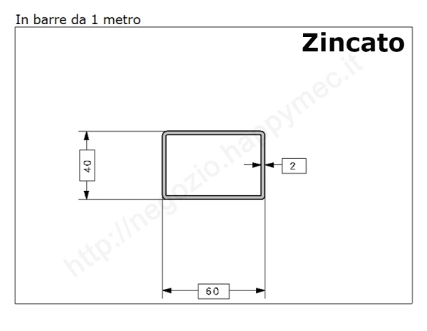 Tubo rettangolare zincato 60x40x2 in barre da 1 metro* in ferro