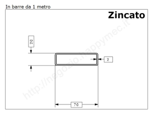 Tubo rettangolare zincato 70x20x2 in barre da 1 metro in ferro