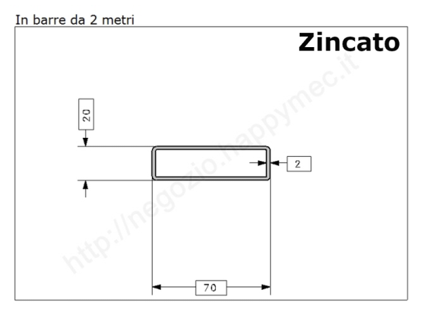 Tubo rettangolare zincato 70x20x2 in barre da 2 metri in ferro